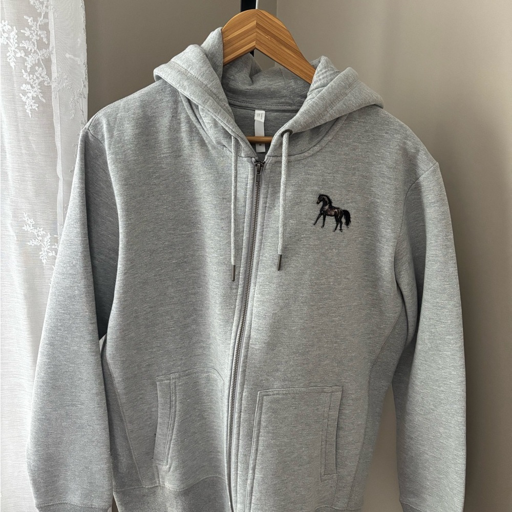 Heritage Horse Embroidered Gray Zip-Up Hoodie Organic Cotton NWT Size L